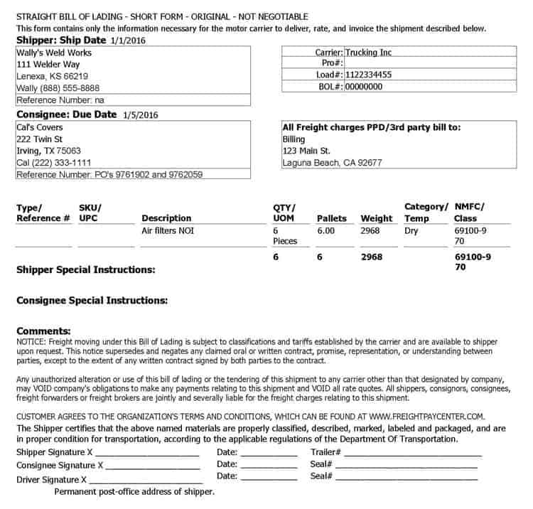 Bill Of Lading Mainline Metals