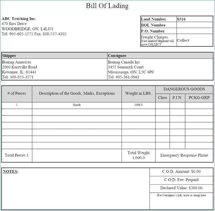 Blind Bill Of Lading Template